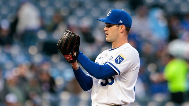 Kansas City Royals pitcher Cole Ragans (55) pitches during the fourth inning against the Minnesota Twins at Kauffman Stadium on April 8, 2025.