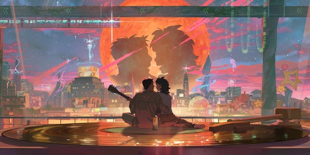 Image from 'Lost in Starlight' animation shows two lovers about to kiss in front of a big window that overlooks a city at night.