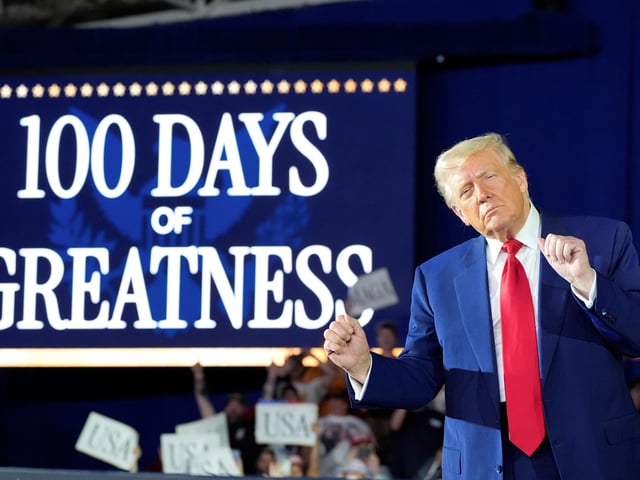 President Donald Trump arrives to speak on his first 100 days at Macomb County Community College Sports Expo Center, Tuesday, April 29, 2025, in Warren, Mich. (AP Photo/Alex Brandon)
