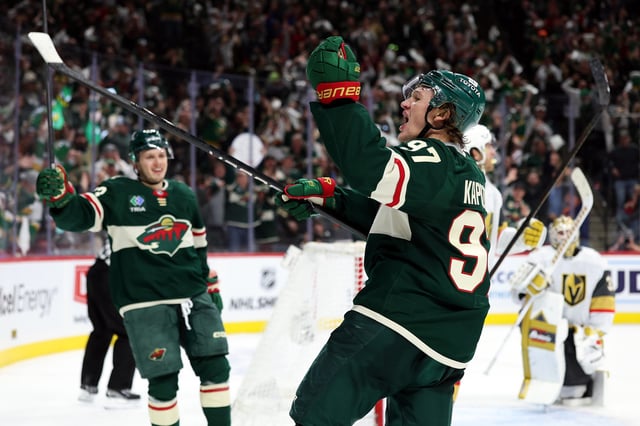 Kirill Kaprizov #97 of the Minnesota Wild celebrates his power-play goal against the Vegas Golden Knights in the second period of Game Three of the First Round of the 2025 Stanley Cup Playoffs at Xcel Energy Center on April 24, 2025 in St Paul, Minnesota.