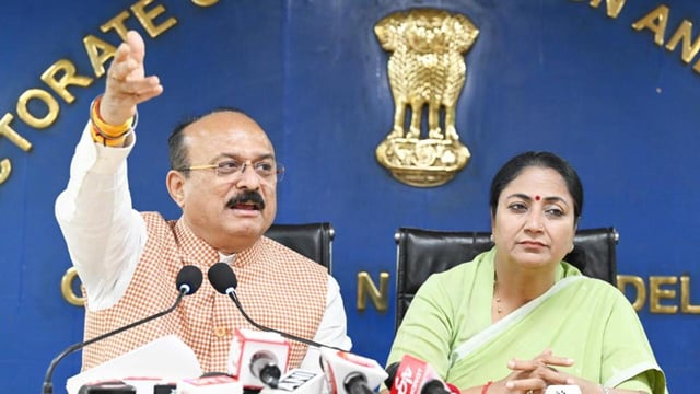 Delhi CM Rekha Gupta and education minister Ashish Sood address a press conference on the bill. (Sanjeev Verma/HT Photo)