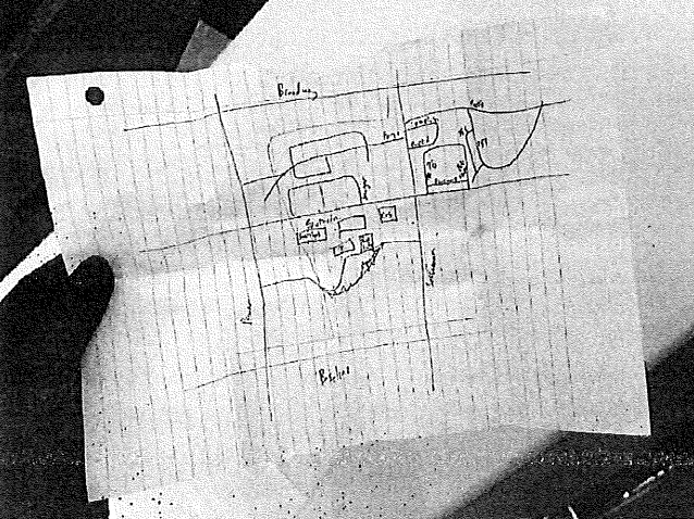 A hand-drawn map of the Tesla dealership carried by Ian Moses, accused of setting a Cybertruck on fire at a Mesa dealership.