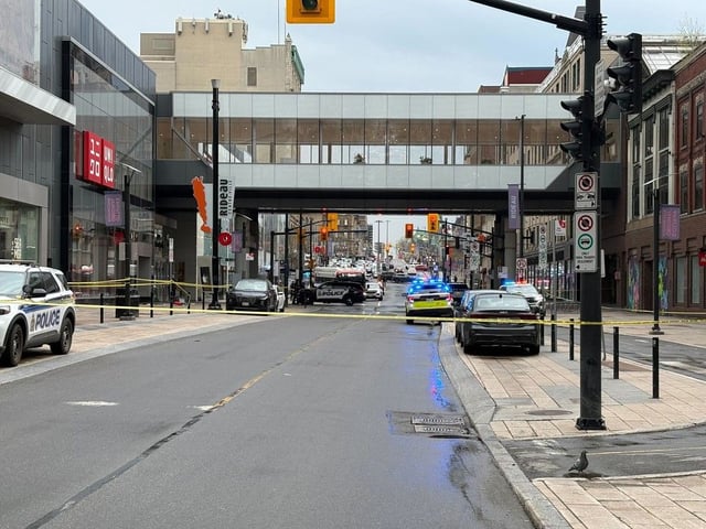  Rideau Street was blocked off Tuesday, April 29, 2025 after an officer-involved shooting. One man was taken to hospital in critical condition with gunshot wounds.