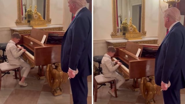 Grandpa Donald Trump is listening to grandson Theo play an original composition on the piano. 