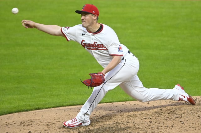 Apr 9, 2025; Cleveland, Ohio, USA; Cleveland Guardians relief pitcher Paul Sewald (34) delivers a pitch in the sixth inning against the Chicago White Sox at Progressive Field. Mandatory Credit: David Richard-Imagn Images/File Photo