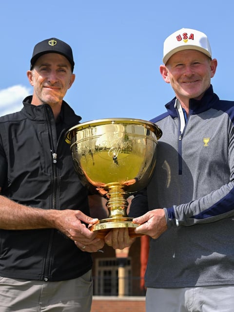 Team International captain Geoff Ogilvy and Team USA captain Brandt Snedeker with the Presidents Cup. Ben Jared/PGA Tour