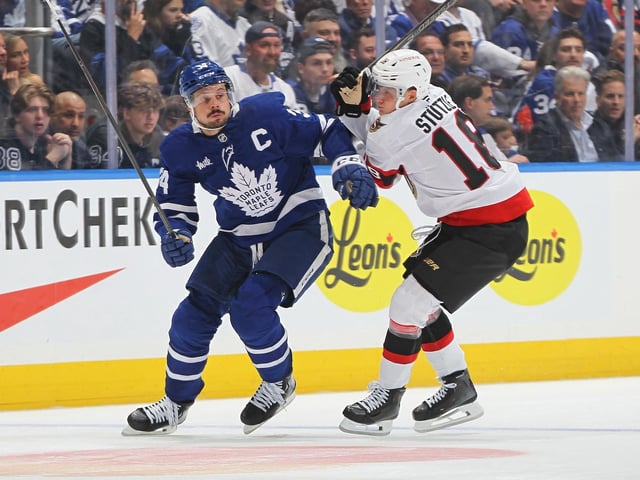 Tim Stutzle #18 of the Ottawa Senators skates against Auston Matthews #34 of the Toronto Maple Leafs during the second period in Game Five in Toronto on Tuesday.

