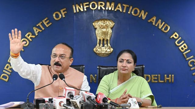 Delhi CM Rekha Gupta and education minister Ashish Sood address a press conference on the bill. (Sanjeev Verma/HT Photo)