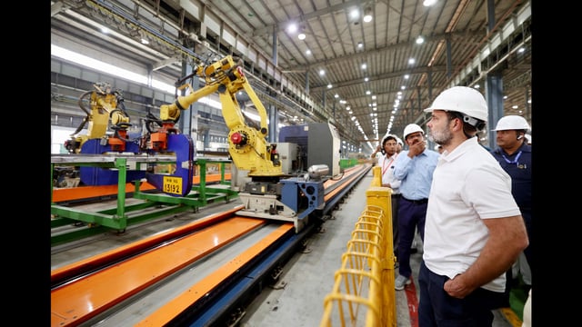 Lok Sabha LoP and Congress MP Rahul Gandhi visits the Modern Coach Factory, in Rae Bareli on Tuesday. (Rahul Gandhi-X/ANI)