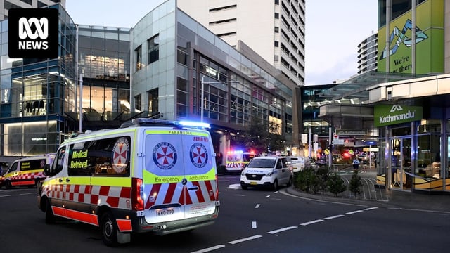 nsw ambulances and police outside the westfield shopping centre at bondi junction after a mass stabbing event