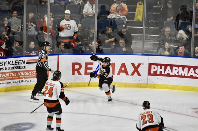 NEWS PHOTO JAMES TUBB Medicine Hat Tigers captain Oasiz Wiesblatt celebrates him game winning, overtime goal to win Game 3 7-6 Tuesday night in Lethbridge. The win gives the Tigers a 3-0 lead in the Eastern Conference Championship series with the Hurricanes.
