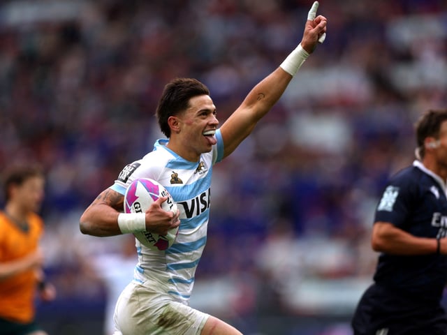 Rugby Union - HSBC Sevens - Australia v Argentina v France - Hong Kong - Kai Tak Sports Park, Hong Kong, China - March 30, 2025
Argentina's Marcos Moneta celebrates scoring a try REUTERS/Tyrone Siu