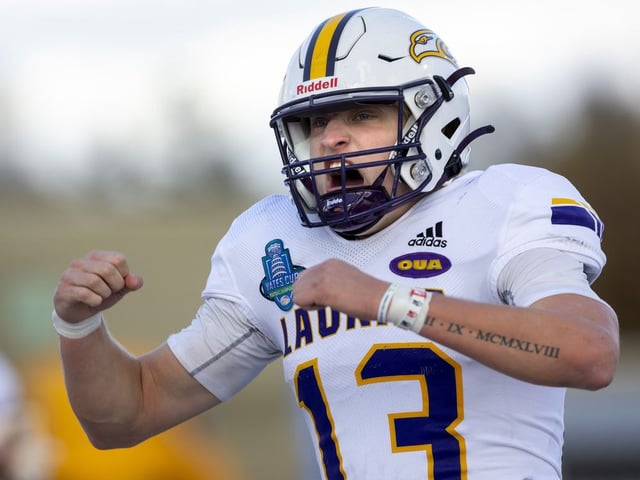 Wilfrid Laurier Golden Hawks quarterback Taylor Elgersma is seen in this file photo from the Yates Cup in 2023. (Mike Hensen/The London Free Press)