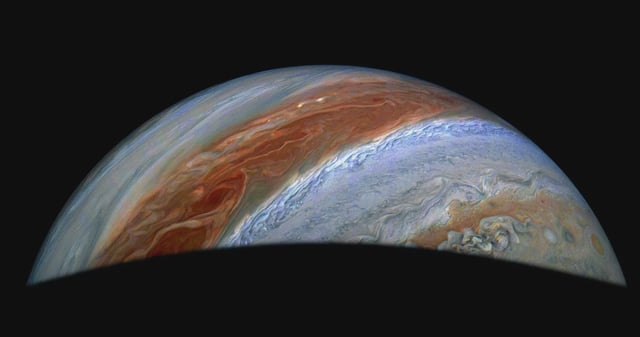 JunoCam, the visible light imager aboard NASA’s Juno, captured this enhanced-color view of Jupiter’s northern high latitudes from an altitude of about 36,000 miles (58,000 kilometers) above the giant planet’s cloud tops during the spacecraft’s 69th flyby on Jan. 28, 2025. Credit: Image data: NASA/JPL-Caltech/SwRI/MSSS Image processing: Jackie Branc (CC BY)