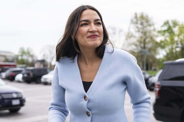 Representative Alexandria Ocasio-Cortez arrives at the U.S. Capitol before the House passed the budget resolution on Thursday, April 10, 2025.