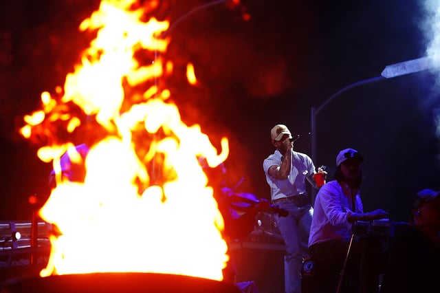 Post Malone performs a fiery set at Coachella Stage during the 2025 Coachella Valley Music and Arts Festival on April 20, 2025 in Indio, California.
