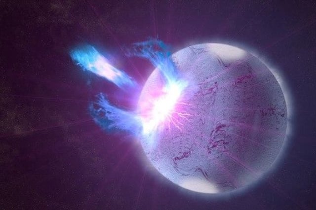 Artist&#39;s impression of flares bursting from a rupture in a magnetar.