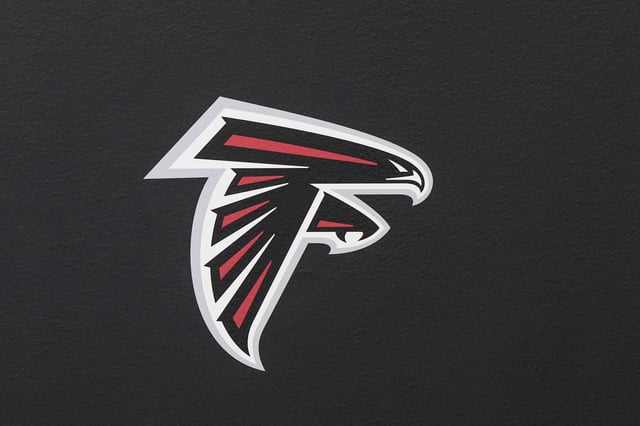 Jun 3, 2024; Atlanta, GA, USA; An Atlanta Falcons logo in the media room before the start of Falcons OTA at the Falcons Training facility.  Dale Zanine-USA TODAY Sports/ File Photo