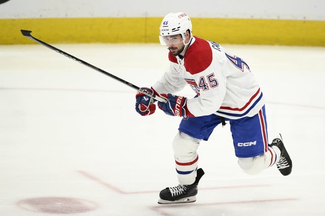 Montreal Canadiens defenceman Alexandre Carrier (45) in action in the third period of Game 2 of a first-round NHL hockey playoff series against the Washington Capitals, Wednesday, April 23, 2025, in Washington. (AP Photo/Nick Wass)