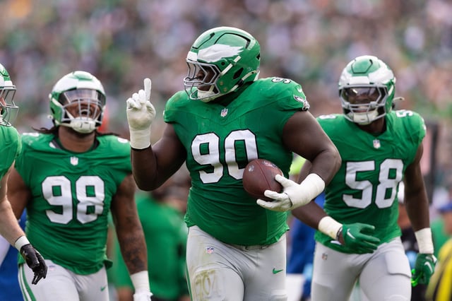 Dec 29, 2024; Philadelphia, Pennsylvania, USA; Philadelphia Eagles defensive tackle Jordan Davis (90) celebrate with teammates after his fumble recovery against the Dallas Cowboys during the second quarter at Lincoln Financial Field. Mandatory Credit: Bill Streicher-Imagn Images/FIle Photo