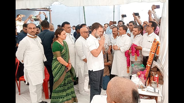 Congress MP Rahul Gandhi pays tribute to Shubham Dwivedi, who lost his life in the Pahalgam terror attack, in Kanpur on Wednesday. (ANI)