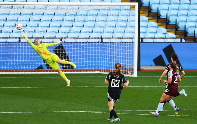 Soccer Football - Women's Super League - Aston Villa v Arsenal - Villa Park, Birmingham, Britain - April 30, 2025   Aston Villa's Kirsty Hanson scores their second goal past Arsenal's Manuela Zinsberger Action Images via Reuters/Matthew Childs