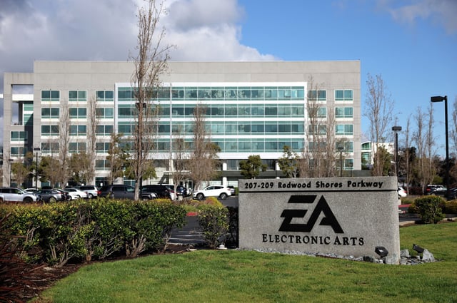 A sign in front of Electronic Arts&#39; headquarters on March 30, 2023, in Redwood City, Calif. The game maker has now cut jobs near the beginning of three straight years.
