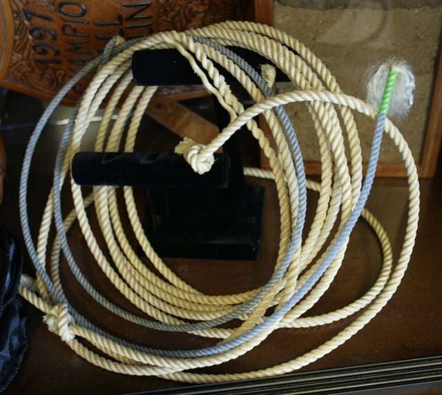 Rodeo legend Roy Cooper was known for his calf roping skills. In this 2004 file photo, calf roping rope is shown as part of the Rodeo&#39;s display in Reliant Stadium.