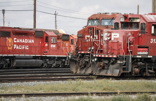 Locomotives sit idol at the CPKC railyard in Calgary, Alta., Thursday, Aug. 22, 2024.THE CANADIAN PRESS/Jeff McIntosh