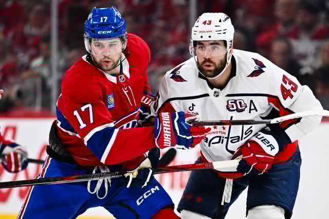 Josh Anderson #17 of the Montreal Canadiens and Tom Wilson #43 of the Washington Capitals skate against each other during the second period in Game Four of the First Round of the 2025 Stanley Cup Playoffs at the Bell Centre on April 27, 2025 in Montreal, Quebec, Canada.