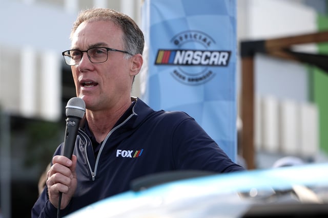 Former NASCAR Cup Series driver, Kevin Harvick speaks at the Busch Light activation on the midway prior to the NASCAR Cup Series Daytona 500 at Daytona International Speedway on February 16, 2025 in Daytona Beach, Florida.