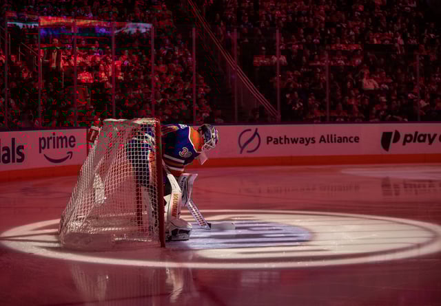 Edmonton Oilers goalie Calvin Pickard (30) prepares to take on the Los Angeles Kings during NHL action in Edmonton, Monday, April 14, 2025. 
