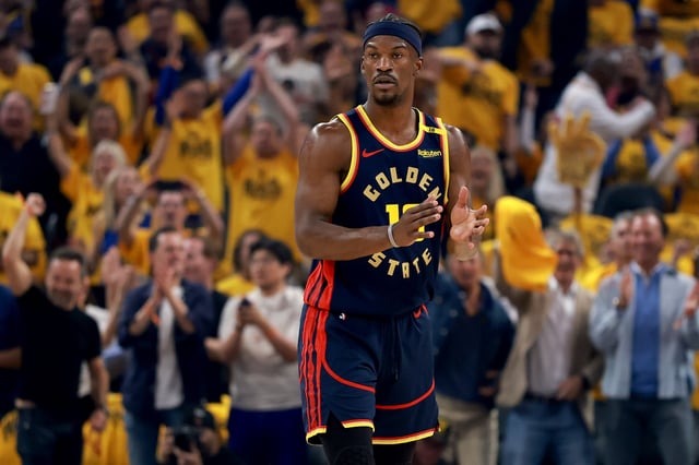 Jimmy Butler III #10 of the Golden State Warriors reacts against the Houston Rockets during the first quarter in Game Four of the Western Conference First Round NBA Playoffs at Chase Center on April 28, 2025 in San Francisco, California.
