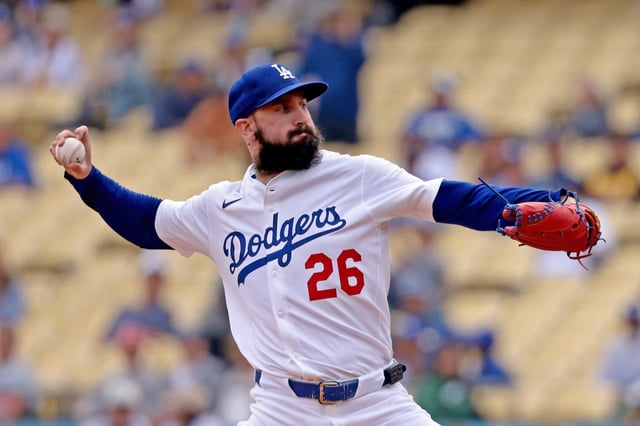 Dodgers starting pitcher Tony Gonsolin throws to the plate during the first inning of their game against the Miami Marlins on Wednesday afternoon at Dodger Stadium. (Photo by Katelyn Mulcahy/Getty Images)