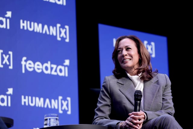 Kamala Harris is seen speaking onstage during the HumanX AI Conference 2025 at Fontainebleau Las Vegas on March 09, 2025, in Las Vegas, Nevada. (Photo by Big Event Media/Getty Images for HumanX Conference)