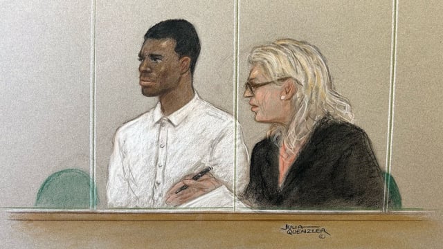 An artist’s impression of Yostin Mosquera and his interpreter at the Old Bailey