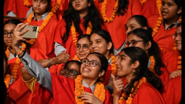 Students celebrate their ICSE and ISC results at a school in Lucknow on Wednesday. (Mushtaq Ali/HT Photo)