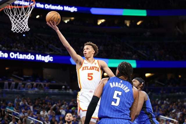Apr 15, 2025; Orlando, Florida, USA; Atlanta Hawks guard Dyson Daniels (5) shoots the ball against the Orlando Magic in the first quarter at Kia Center. Mandatory Credit: Nathan Ray Seebeck-Imagn Images/File Photo