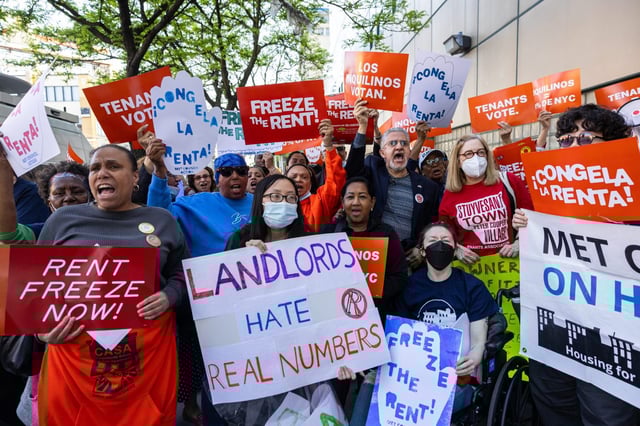 Protesters against rent increase rallying before the annual preliminary vote of the Rent Guidelines Board at the LaGuardia Performing Arts Center in Queens, Wednesday, April 30, 2025. (Shawn Inglima/New York Daily News)