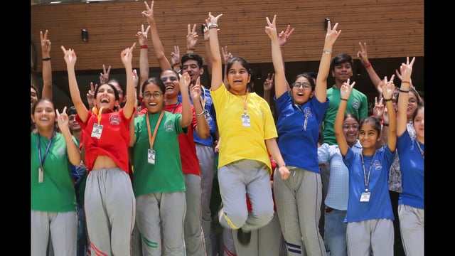 Students celebrate their success after the ICSE Board Class X and XII results were declared in Gurugram on Wednesday. (HT PHOTO)