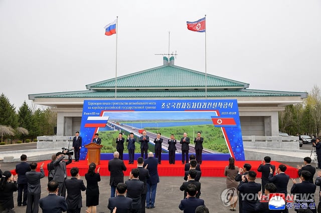 This photo, carried by North Korea's official Korean Central News Agency on May 1, 2025, shows a ceremony to launch the construction of a road bridge linking North Korea and Russia held in their respective border cities of Rason and Khasan the previous day. (For Use Only in the Republic of Korea. No Redistribution) (Yonhap)