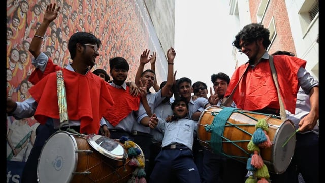 Students celebrate after the declaration of ICSE and ISC results at a school in Lucknow on Wednesday. (Mushtaq Ali/HT Photo)
