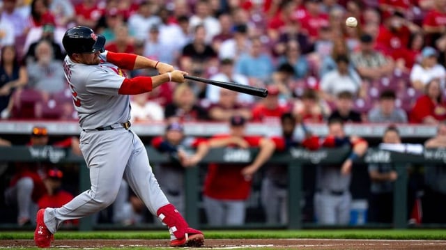 St. Louis Cardinals catcher Pedro Pages (43) hits a home run in the second inning of the MLB game between Cincinnati Reds and St. Louis Cardinals at Great American Ball Park in Cincinnati on Wednesday, April 30, 2025.