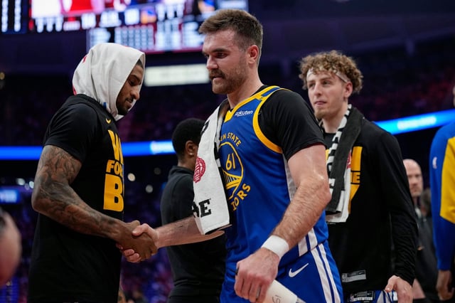 Golden State Warriors guard Pat Spencer (61) leaves the court after being ejected against the Houston Rockets during the second half of Game 5 of an NBA basketball first-round playoff series, Wednesday, April 30, 2025, in Houston. (AP Photo/David J. Phillip)