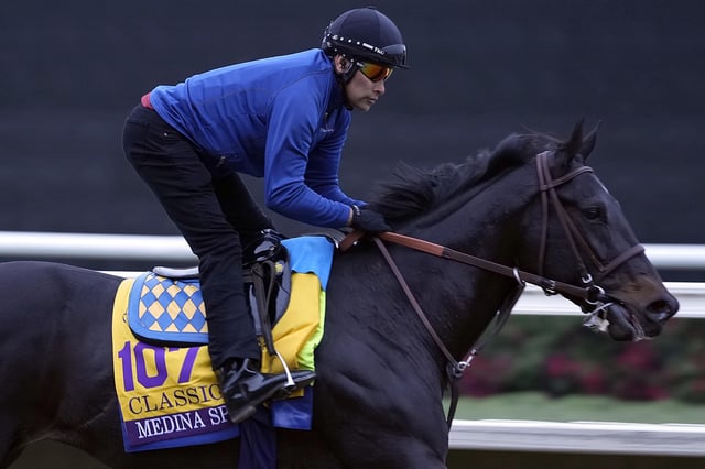 Nov 2, 2021; Del Mar, CA, USA;  Medina Spirit, trained by Bob Baffert, during workouts at Del Mar Race Track. Ray Acevedo-USA TODAY Sports/ File Photo