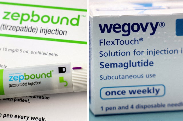 A combination image shows an injection pen of Zepbound, Eli Lilly's weight loss drug, and boxes of Wegovy, made by Novo Nordisk. REUTERS/Hollie Adams/Brendan McDermid/Combination/File Photo