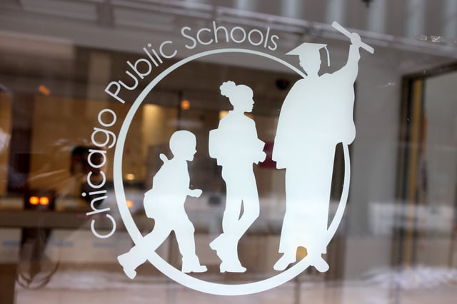 A sign is displayed on the front of the headquarters for Chicago Public Schools on January 05, 2022 in Chicago, Illinois.