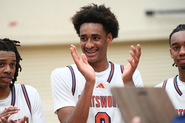 Alijah Arenas celebrates with teammates after Chatsworth defeats Bakersfield Christian in the CIF State Regional Division II championship game Mar 11, 2025.(Photo by Andy Holzman, Contributing Photographer)