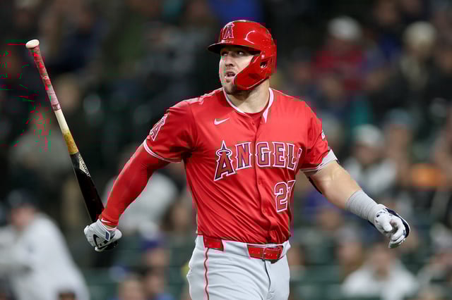 SEATTLE, WASHINGTON - APRIL 29: Mike Trout #27 of the Los Angeles Angels strikes out against the Seattle Mariners during the eighth inning at T-Mobile Park on April 29, 2025 in Seattle, Washington.