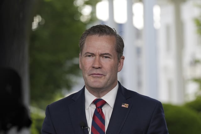 National Security Advisor Mike Waltz speaks during a television interview at the White House, Thursday, May 1, 2025, in Washington. (AP Photo/Alex Brandon)